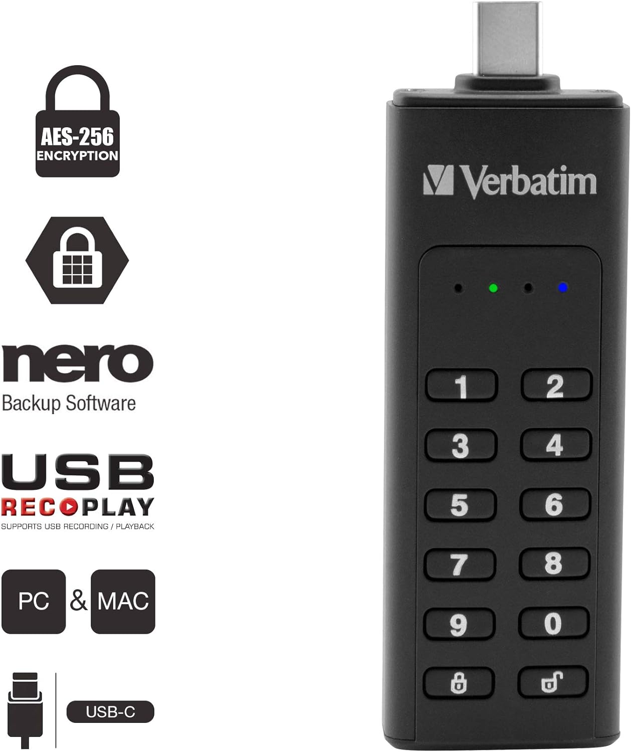 Verbatim 49430 Keypad Secure USB Stick I USB Type-C I 32GB I Memory Stick with Passcode Protection & Encryption I Including USB-C Extension Cable I USB Type-C for Laptop Notebook & Co I Black 32 GB