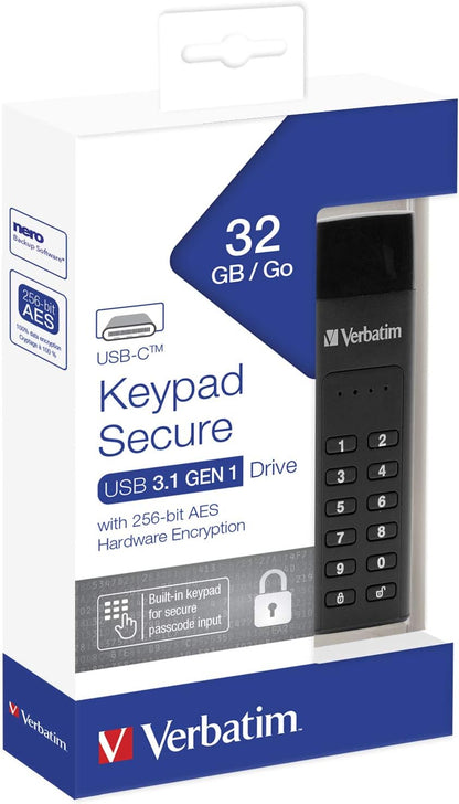 Verbatim 49430 Keypad Secure USB Stick I USB Type-C I 32GB I Memory Stick with Passcode Protection & Encryption I Including USB-C Extension Cable I USB Type-C for Laptop Notebook & Co I Black 32 GB