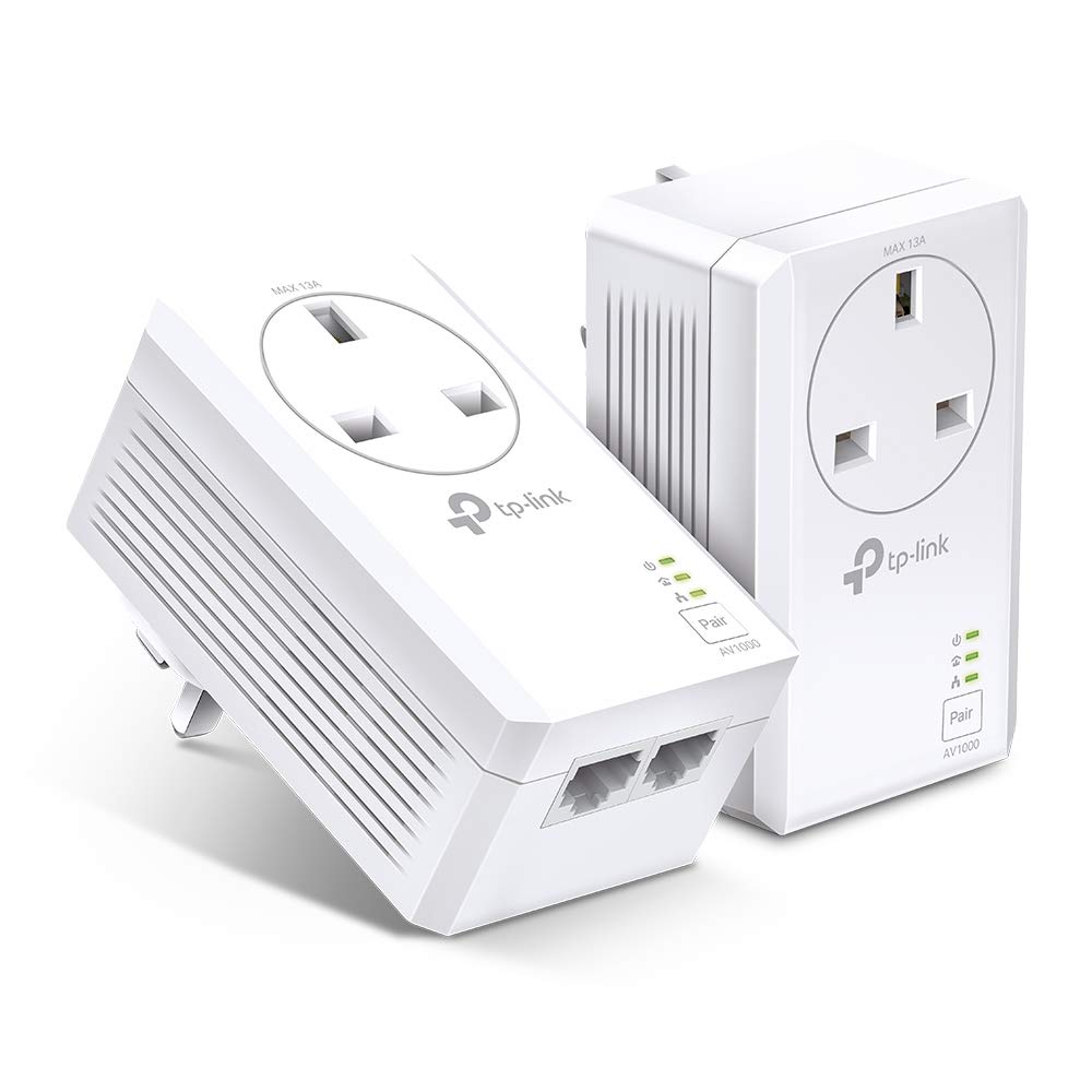 TP-Link TL-PA7027P KIT AV1000 2-Port Gigabit Passthrough Powerline Starter Kit, Data Transfer Speed Up to 1000 Mbps, Ideal for HD/3D/4K Video Streaming and Online Gaming, No Configuration Required
