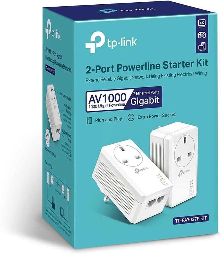 TP-Link TL-PA7027P KIT AV1000 2-Port Gigabit Passthrough Powerline Starter Kit, Data Transfer Speed Up to 1000 Mbps, Ideal for HD/3D/4K Video Streaming and Online Gaming, No Configuration Required