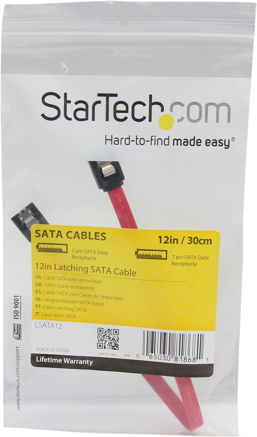 StarTech.com 12in Latching SATA Cable - SATA cable - Serial ATA 150/300/600 - SATA (R) to SATA (R) - 1 ft - latched - red (LSATA12