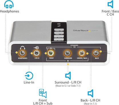 StarTech.com 7.1 USB - External Sound Card for Laptop with SPDIF Digital Audio - Sound Card for PC - Silver (ICUSBAUDIO7D