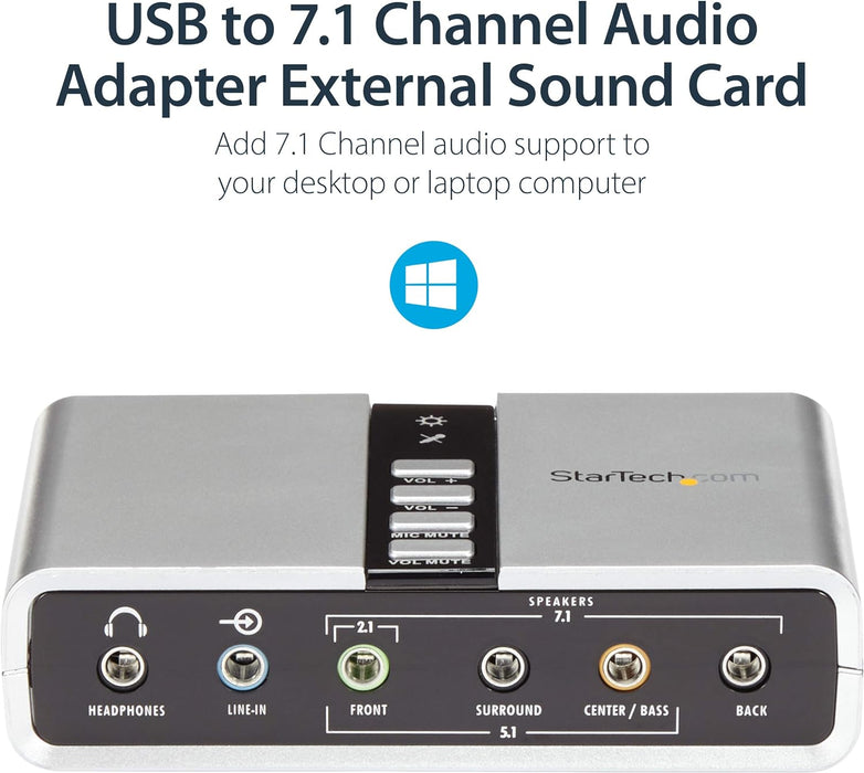StarTech.com 7.1 USB - External Sound Card for Laptop with SPDIF Digital Audio - Sound Card for PC - Silver (ICUSBAUDIO7D