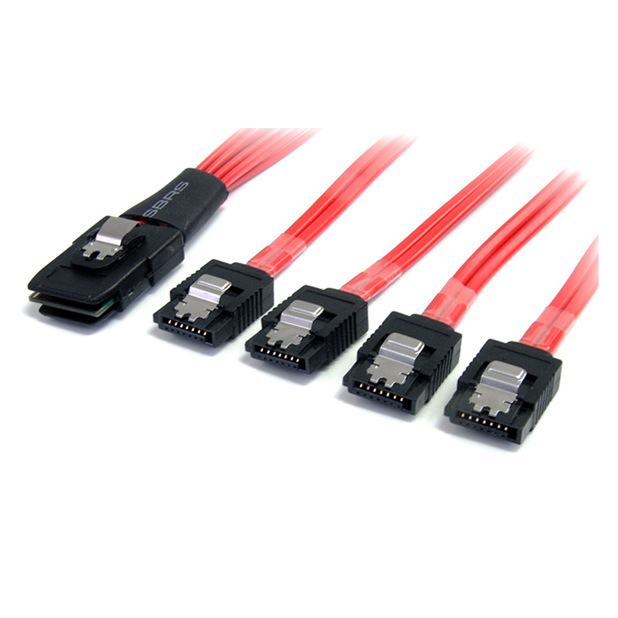 StarTech.com Cable Adaptador de 50cm Mini SAS Serial Attached SCSI SFF 8087 mSAS iSAS Interno a 4x SATA Cierre Latching Pestillo - Rojo