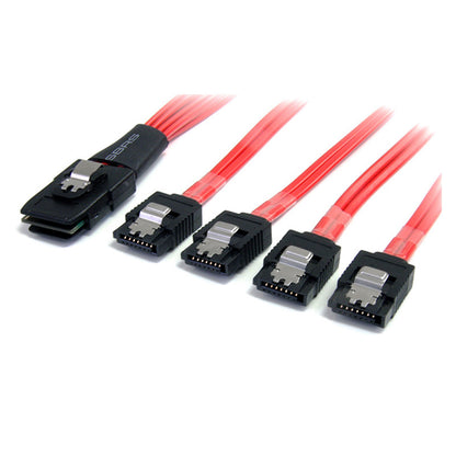 StarTech.com Cable Adaptador de 50cm Mini SAS Serial Attached SCSI SFF 8087 mSAS iSAS Interno a 4x SATA Cierre Latching Pestillo - Rojo