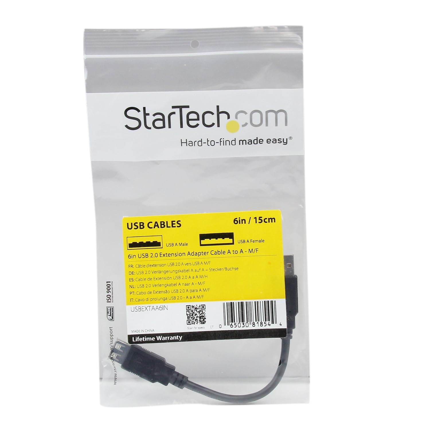 StarTech.com 6in USB 2.0 Extension Adapter Cable A to A - M/F - USB extension cable - USB (M) to USB (F) - USB 2.0 - 5.9 in - black (USBEXTAA6IN