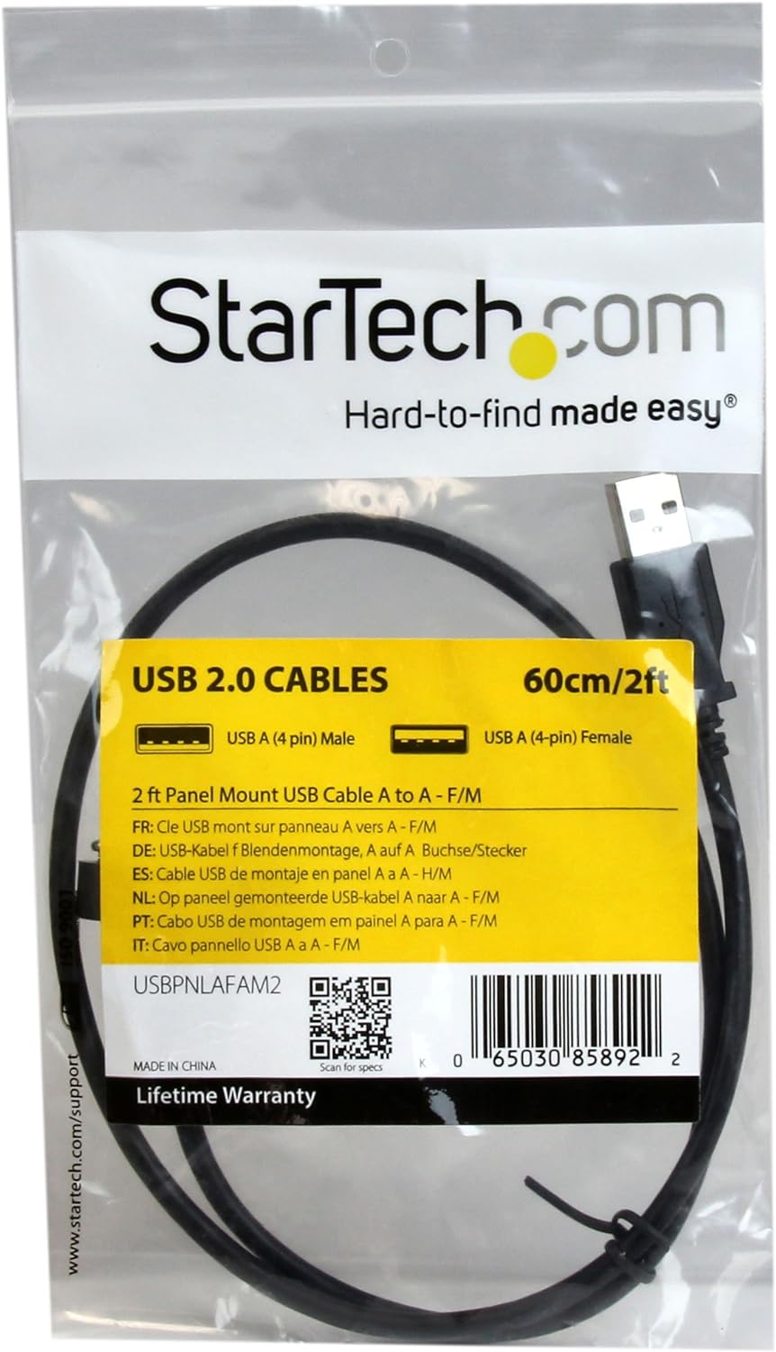 StarTech.com USBPNLAFAM2 2 ft Panel Mount USB Cable A to A F/M, Panel Mount USB Extension USB A-Female to A-Male Adapter Cable 2ft, USB-A (F) Port,Black