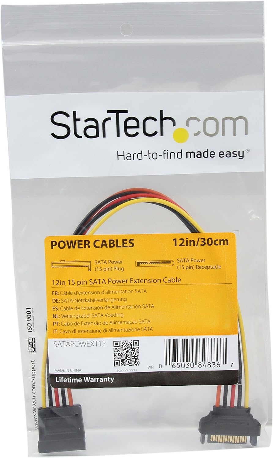 StarTech.com 12in 15 pin SATA Power Extension Cable - SATA Power Male to Female Extender - 12 Inch SATA Power Extension Cord (SATAPOWEXT12