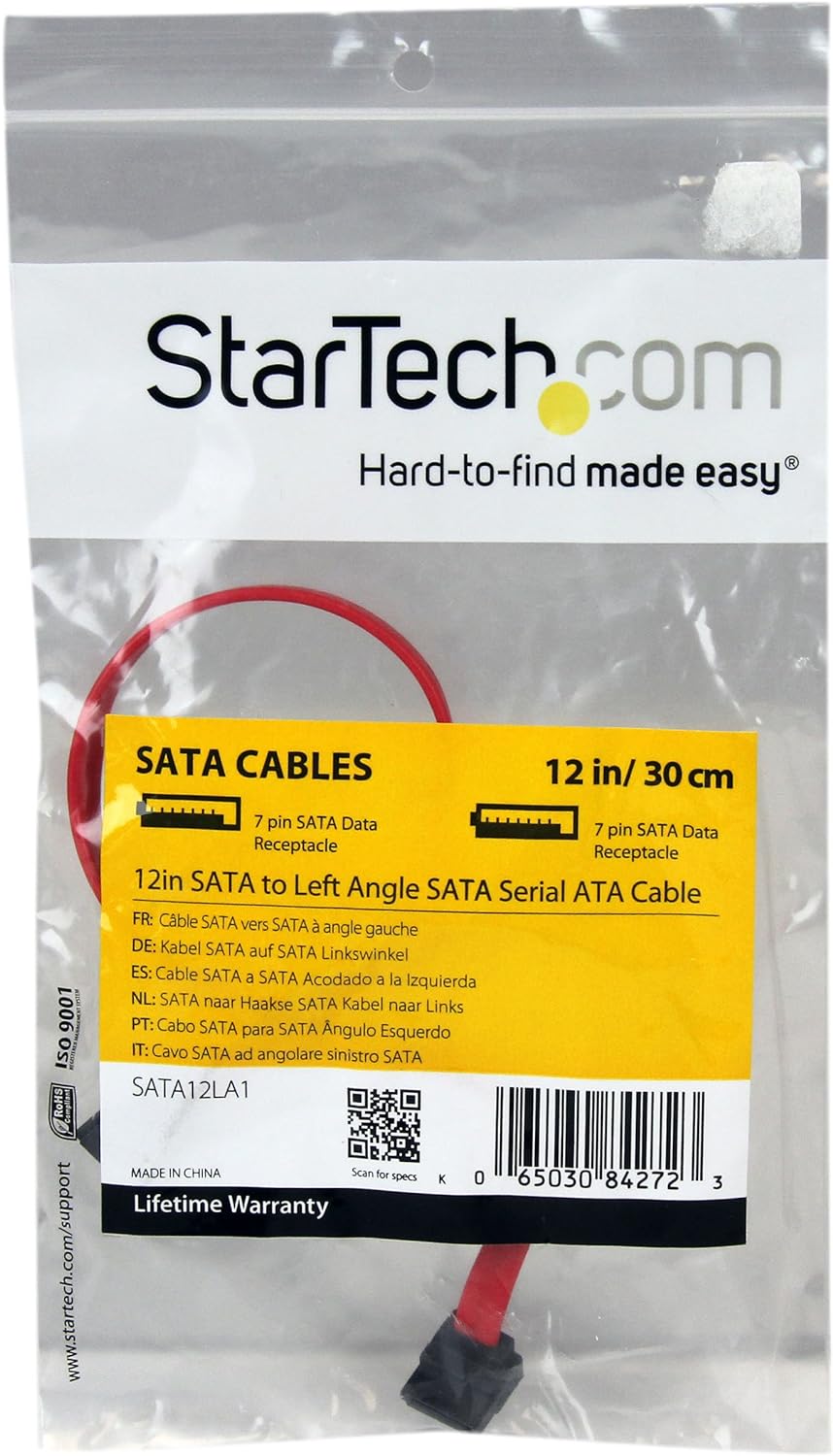 StarTech.com SATA to Left Angle SATA Serial ATA Cable - SATA cable - Serial ATA 150/300/600 - SATA (R) to SATA (R) - 1 ft - left-angled connector - red - SATA12LA1