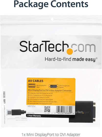 StarTech.com Mini DisplayPort to DVI Adapter - Mini DP to DVI-D Converter - 1080p Video - VESA Certified - mDP or Thunderbolt 1/2 Mac/PC to DVI Monitor - mDP 1.2 to DVI Single-Link Dongle (MDP2DVI) Black Adapter