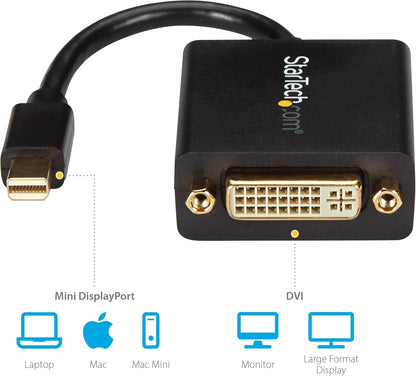StarTech.com Mini DisplayPort to DVI Adapter - Mini DP to DVI-D Converter - 1080p Video - VESA Certified - mDP or Thunderbolt 1/2 Mac/PC to DVI Monitor - mDP 1.2 to DVI Single-Link Dongle (MDP2DVI) Black Adapter