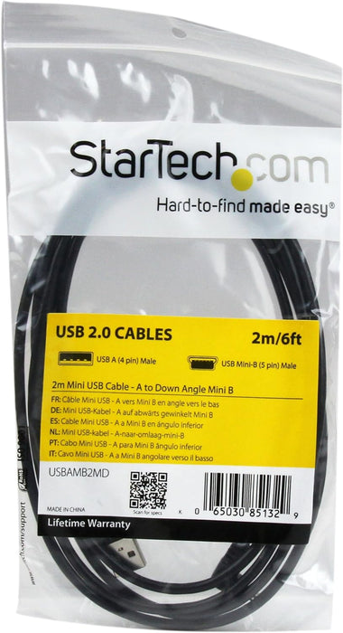 StarTech.com Down Angle Mini USB Cable - 2m - Black - USB A to Mini USB B - USB to Mini USB Cable - Mini USB Charger - USB A to Mini B (USBAMB2MD