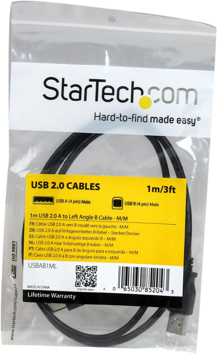 StarTech.com USBAB1ML 1 m USB 2.0 A to Left Angle B Cable Cord, 1 m USB Printer Cable, Left Angle USB B Cable, 1x USB A (M), 1x USB B (M), Black