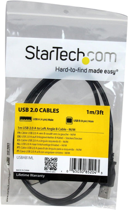 StarTech.com USBAB1ML 1 m USB 2.0 A to Left Angle B Cable Cord, 1 m USB Printer Cable, Left Angle USB B Cable, 1x USB A (M), 1x USB B (M), Black