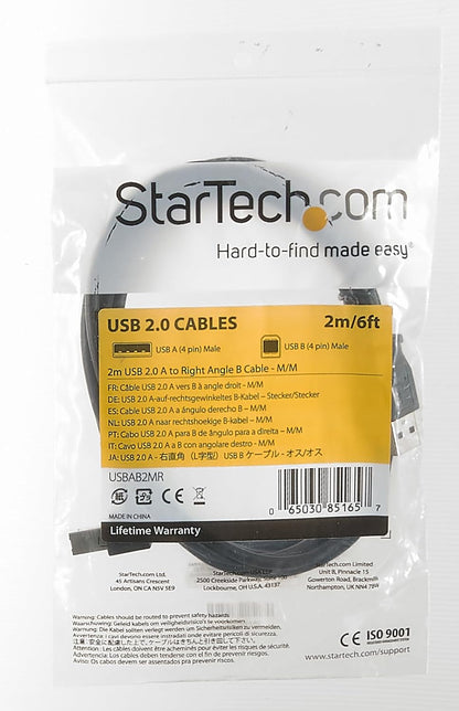 StarTech.com USBAB2MR 2 m USB 2.0 A to Right Angle B Cable Cord, 2 m USB Printer Cable, Right Angle USB B Cable, 1x USB A (M), 1x USB B (M), Black