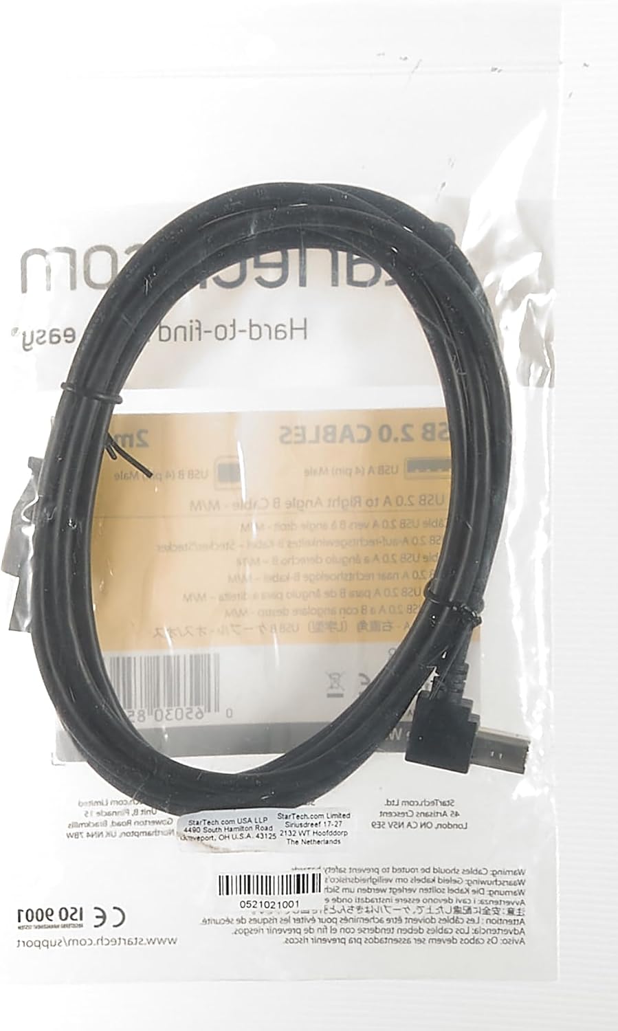 StarTech.com USBAB2MR 2 m USB 2.0 A to Right Angle B Cable Cord, 2 m USB Printer Cable, Right Angle USB B Cable, 1x USB A (M), 1x USB B (M), Black