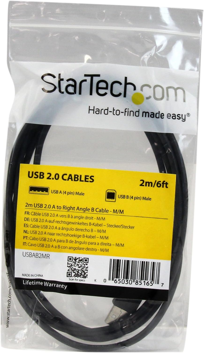 StarTech.com USBAB2MR 2 m USB 2.0 A to Right Angle B Cable Cord, 2 m USB Printer Cable, Right Angle USB B Cable, 1x USB A (M), 1x USB B (M), Black