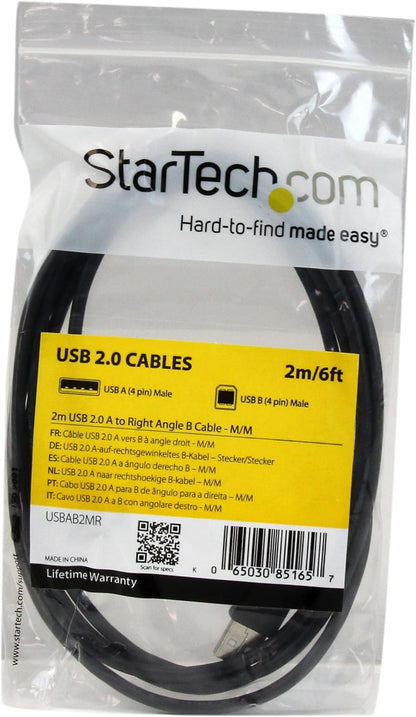 StarTech.com USBAB2MR 2 m USB 2.0 A to Right Angle B Cable Cord, 2 m USB Printer Cable, Right Angle USB B Cable, 1x USB A (M), 1x USB B (M), Black