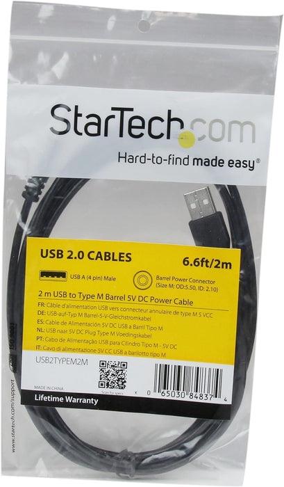 StarTech.com 2m USB to Type M Barrel Cable - USB to 5.5mm 5V DC Cable - USB to Barrel Jack 5V DC Plug (USB2TYPEM2M