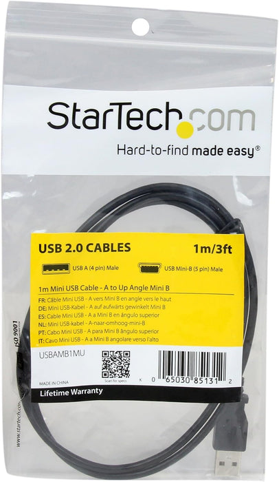 StarTech.com 1m Mini USB Cable Cord - A to Up Angle Mini B - Up Angled Mini USB Cable - 1x USB A (M), 1x USB Mini B (M) - Black (USBAMB1MU