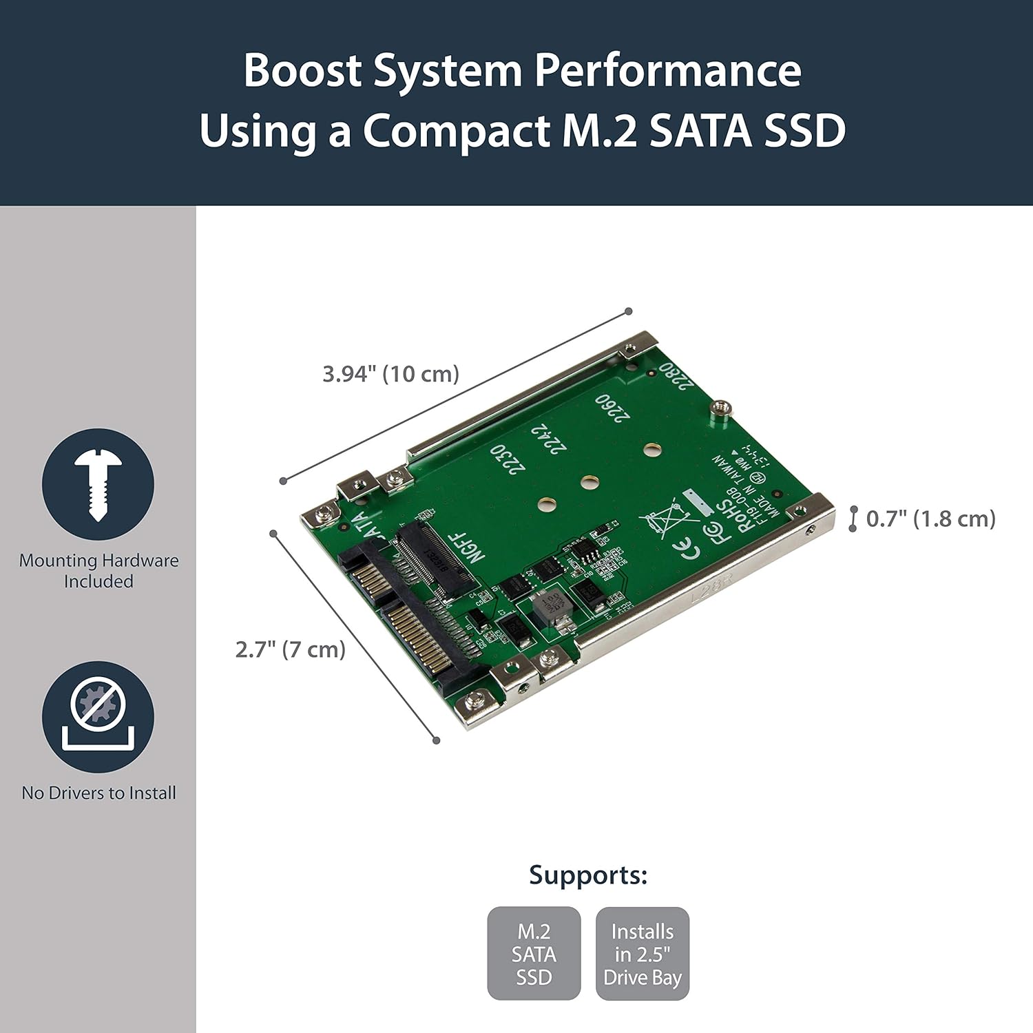 StarTech.com M.2 SATA SSD to 2.5" SATA Adapter, Not Compatible with NVMe, Open-Frame Bracket, 7mm High, M2 Hard Drive Adapter