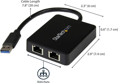 StarTech.com USB 3.0 to Dual Port Gigabit Ethernet Adapter w/ USB Port - 10/100/100 - USB Gigabit LAN Network NIC Adapter (USB32000SPT