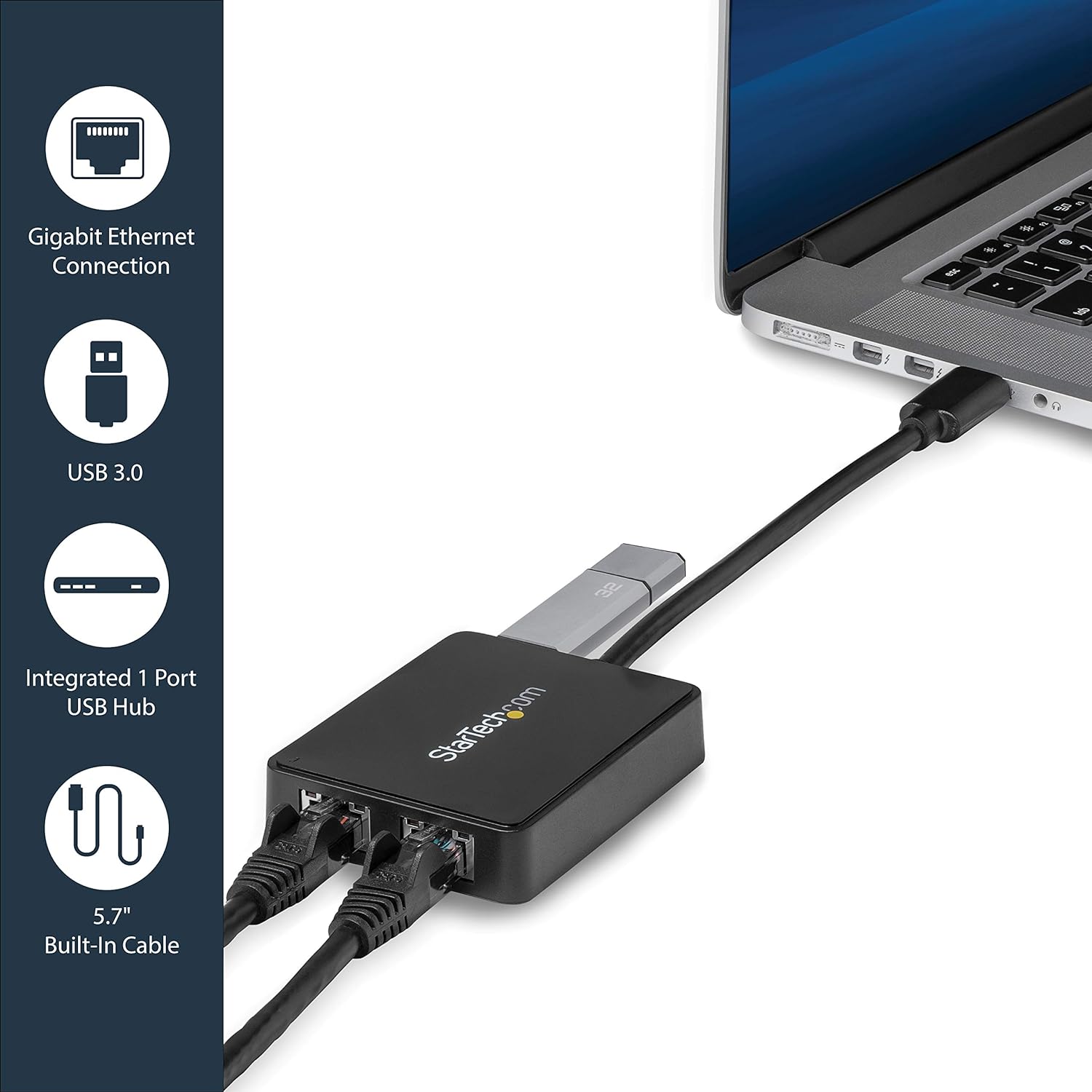 StarTech.com USB 3.0 to Dual Port Gigabit Ethernet Adapter w/ USB Port - 10/100/100 - USB Gigabit LAN Network NIC Adapter (USB32000SPT
