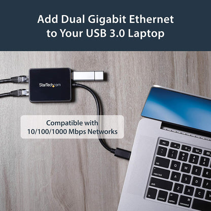 StarTech.com USB 3.0 to Dual Port Gigabit Ethernet Adapter w/ USB Port - 10/100/100 - USB Gigabit LAN Network NIC Adapter (USB32000SPT