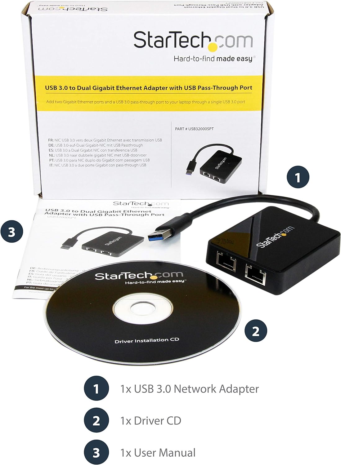 StarTech.com USB 3.0 to Dual Port Gigabit Ethernet Adapter w/ USB Port - 10/100/100 - USB Gigabit LAN Network NIC Adapter (USB32000SPT
