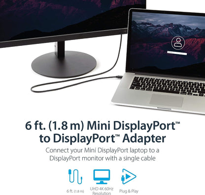 StarTech.com 6ft (1.8m) Mini DisplayPort to DisplayPort 1.2 Cable - 4K x 2K UHD Mini DisplayPort to DisplayPort Adapter Cable - Mini DP to DP Cable for Monitor - mDP to DP Converter Cord (MDP2DPMM6