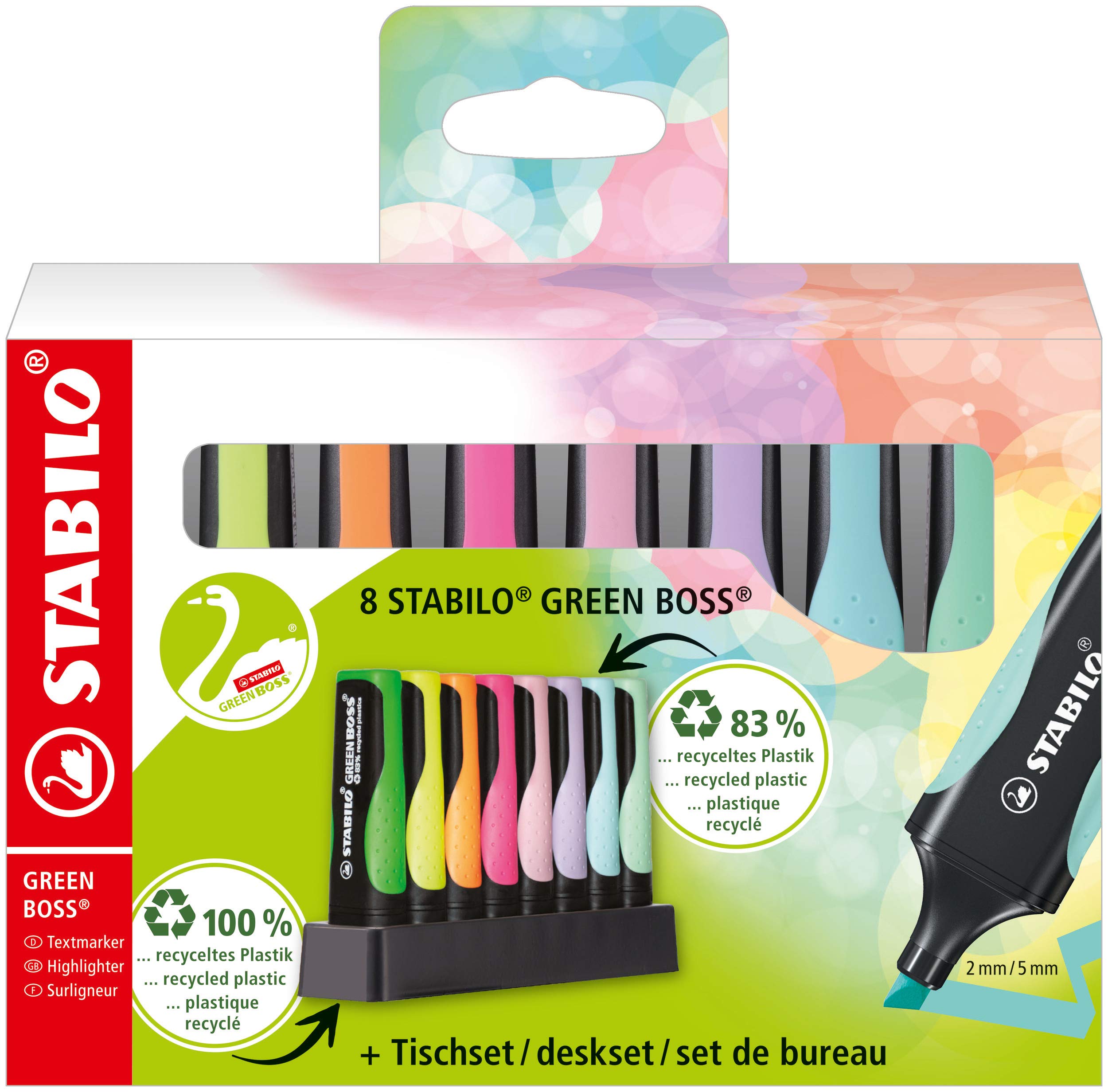 Eco-Friendly Highlighter - STABILO GREEN BOSS Pastel - Deskset of 8 - Assorted Colours