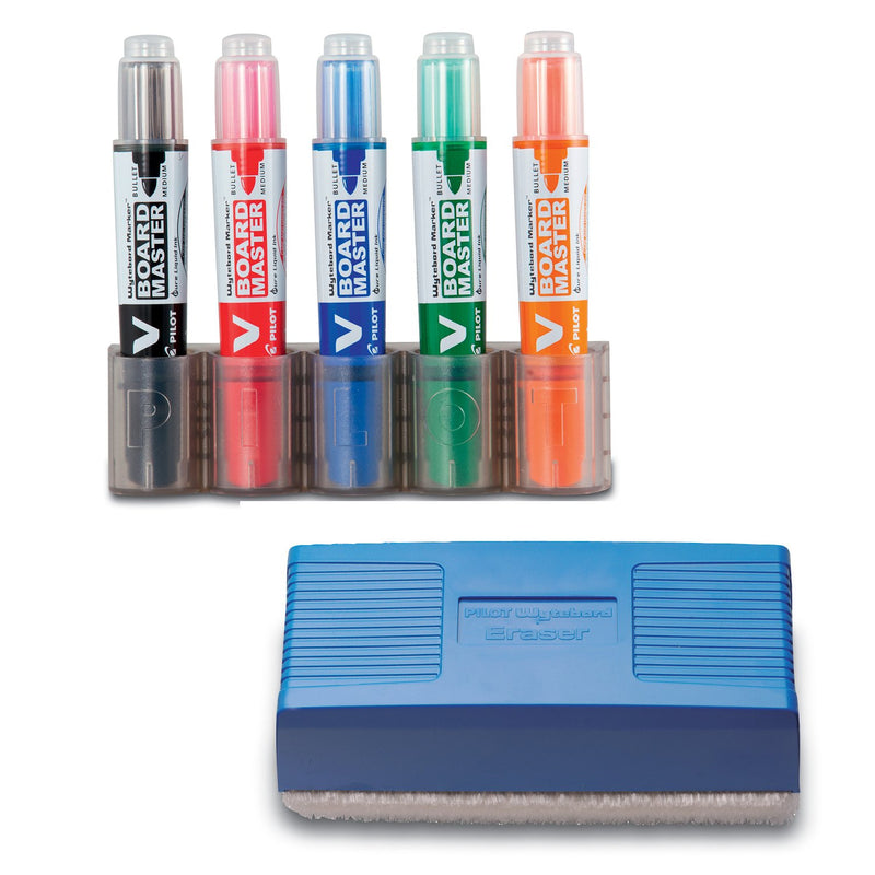 Pilot V Board Master Whiteboard Kit Markers Pens Magnetic Eraser Pen Holder