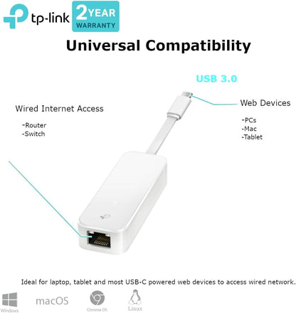TP-Link USB Type-C to RJ45 Gigabit Ethernet Network Adapter, USB 3.0 ideal for Ultrabook, Chromebook, Laptop, Desktop, Plug & Play for Windows11/ 10, Mac OS X (10.9+), Chrome OS, Linux OS(UE300C