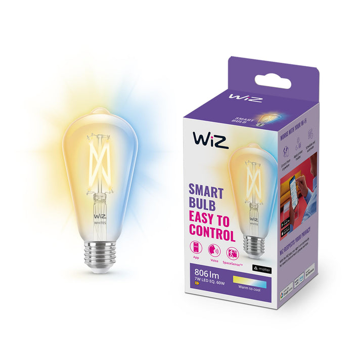 WiZ White  Smart Connected WiFi Clear Light Bulb. 60W White Light. App Control for Home Indoor Lighting, Livingroom, Bedroom. Clear 1 Count (Pack of 1) Edison ST64 E27 Edison Screw