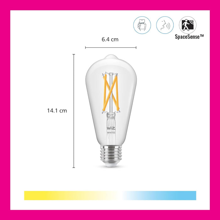 WiZ White  Smart Connected WiFi Clear Light Bulb. 60W White Light. App Control for Home Indoor Lighting, Livingroom, Bedroom. Clear 1 Count (Pack of 1) Edison ST64 E27 Edison Screw