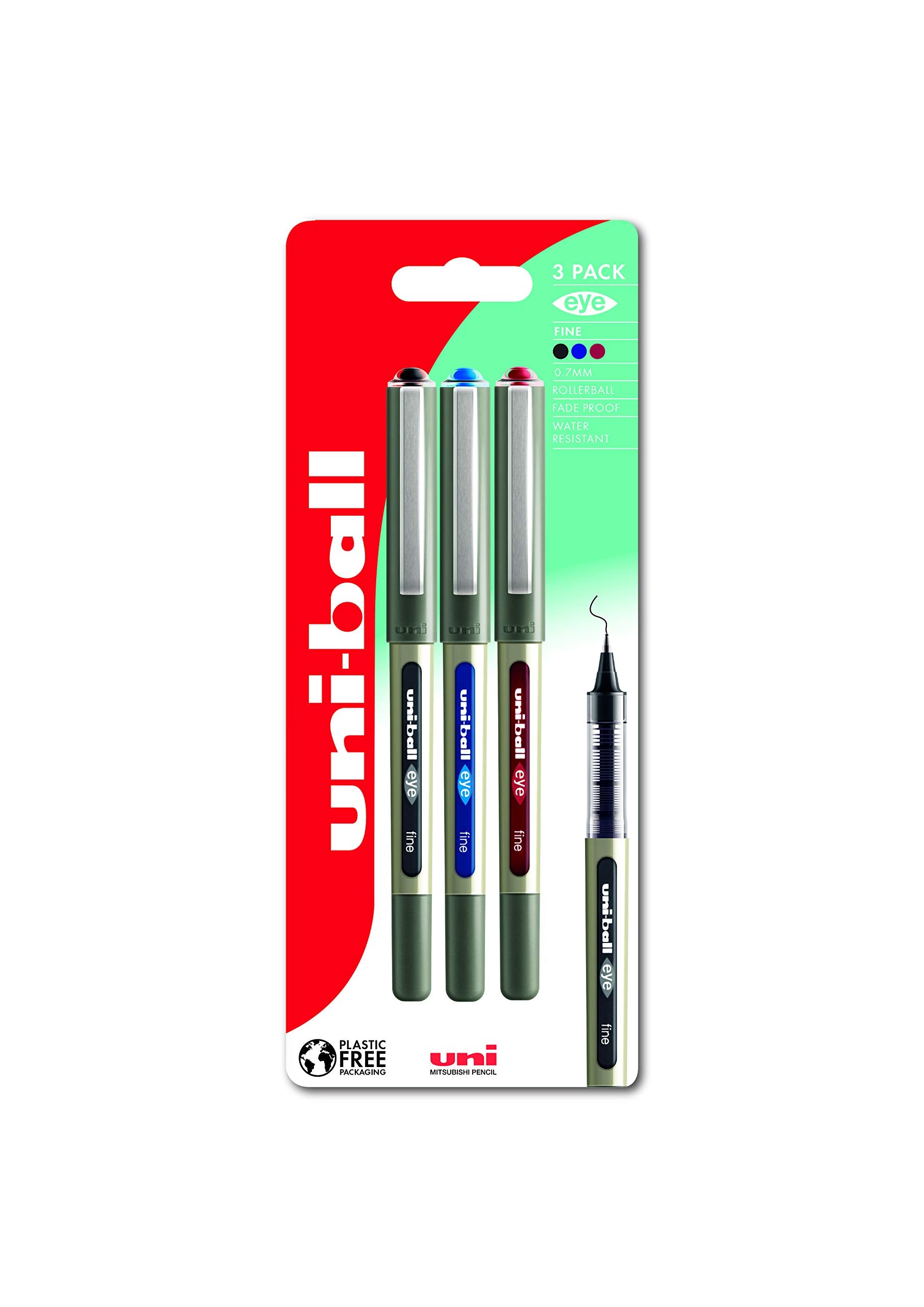 UB-157 Eye - Bolígrafo de punta rodante (3 unidades, plástico), color negro, azul y rojo