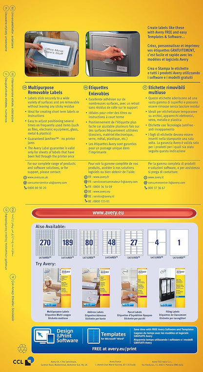 Avery L4731REV-25 Self-Adhesive Removable Mini Labels, 189 Labels Per A4 Sheet