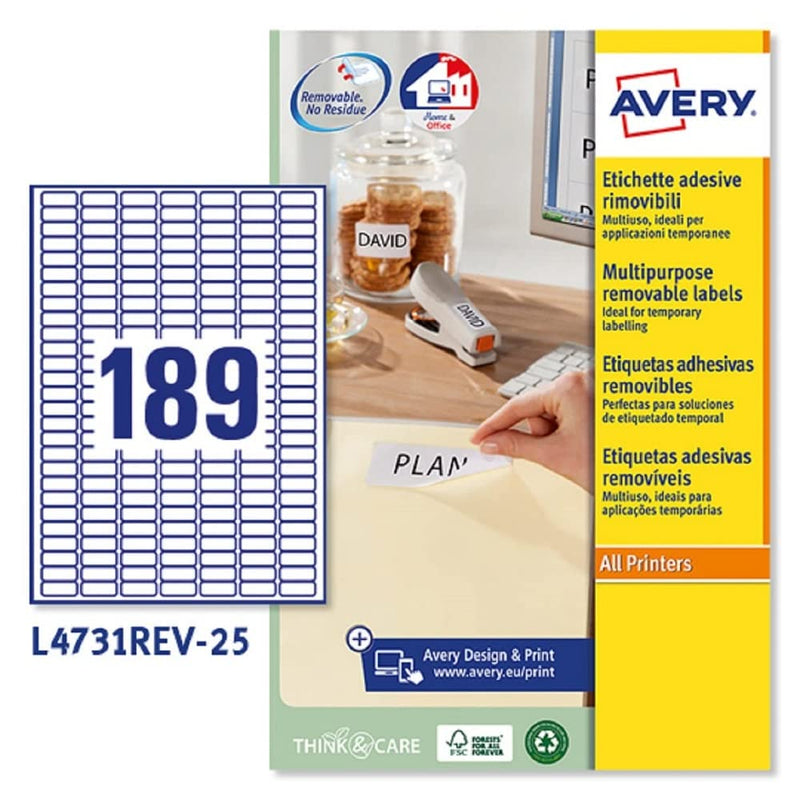 Avery L4731REV-25 Self-Adhesive Removable Mini Labels, 189 Labels Per A4 Sheet