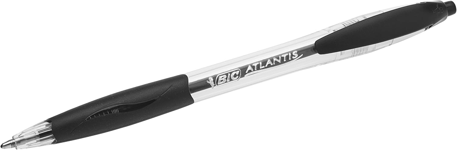 BIC Atlantis Clic Ball Pen - Black - Box of 12 Medium Point Office Pens (1.0 mm) - Retractable with Cushioned Grip