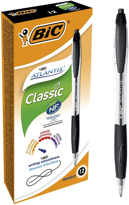 BIC Atlantis Clic Ball Pen - Black - Box of 12 Medium Point Office Pens (1.0 mm) - Retractable with Cushioned Grip
