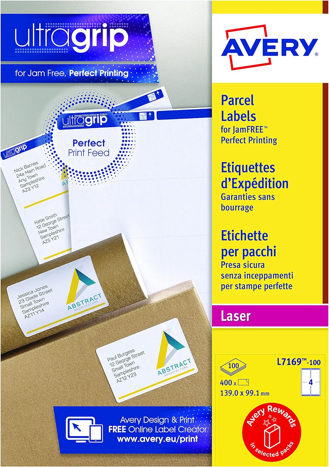 Avery L7169 Self Adhesive Parcel Shipping Labels, Laser Printers, 4 Labels Per A4 Sheet, 400 Labels, UltraGrip, white
