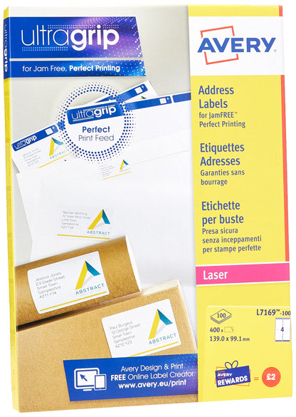 Avery L7169 Self Adhesive Parcel Shipping Labels, Laser Printers, 4 Labels Per A4 Sheet, 400 Labels, UltraGrip, white