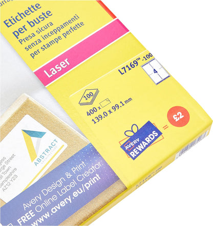 Avery L7169 Self Adhesive Parcel Shipping Labels, Laser Printers, 4 Labels Per A4 Sheet, 400 Labels, UltraGrip, white