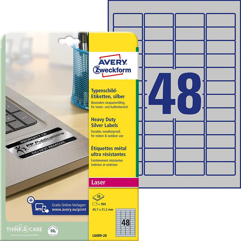 Avery L6009-20 Extra-Strong Adhesive Silver Heavy Duty Labels, 48 Labels Per A4 Sheet, 45.7 x 21.2