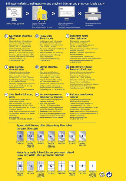 Avery L6009-20 Extra-Strong Adhesive Silver Heavy Duty Labels, 48 Labels Per A4 Sheet, 45.7 x 21.2