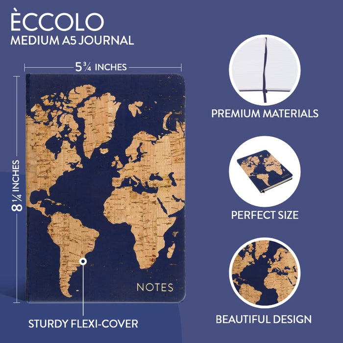 Eccolo Medium Lined Journal Notebook, Flexible Cover, A5 Writing Journal, 256 Ruled Ivory Pages, Ribbon Bookmark, Lay Flat, Notebook for Work or School, Cork Map (Blue, 5.75-x-8.25 inches