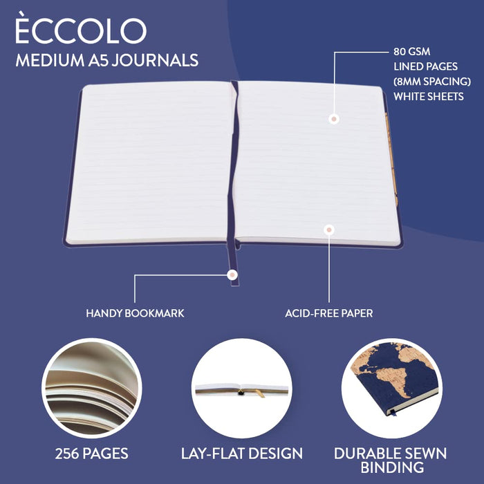 Eccolo Medium Lined Journal Notebook, Flexible Cover, A5 Writing Journal, 256 Ruled Ivory Pages, Ribbon Bookmark, Lay Flat, Notebook for Work or School, Cork Map (Blue, 5.75-x-8.25 inches