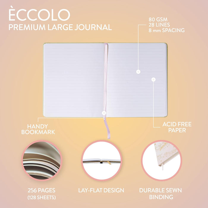 Eccolo Large Lined Journal Notebook, Hardbound Cover, Writing Journal, 256 Ruled White Pages, Ribbon Bookmark, Lay Flat, Desk Size for Work or School, Gold Foil Marble (Pink, 8x10 inches
