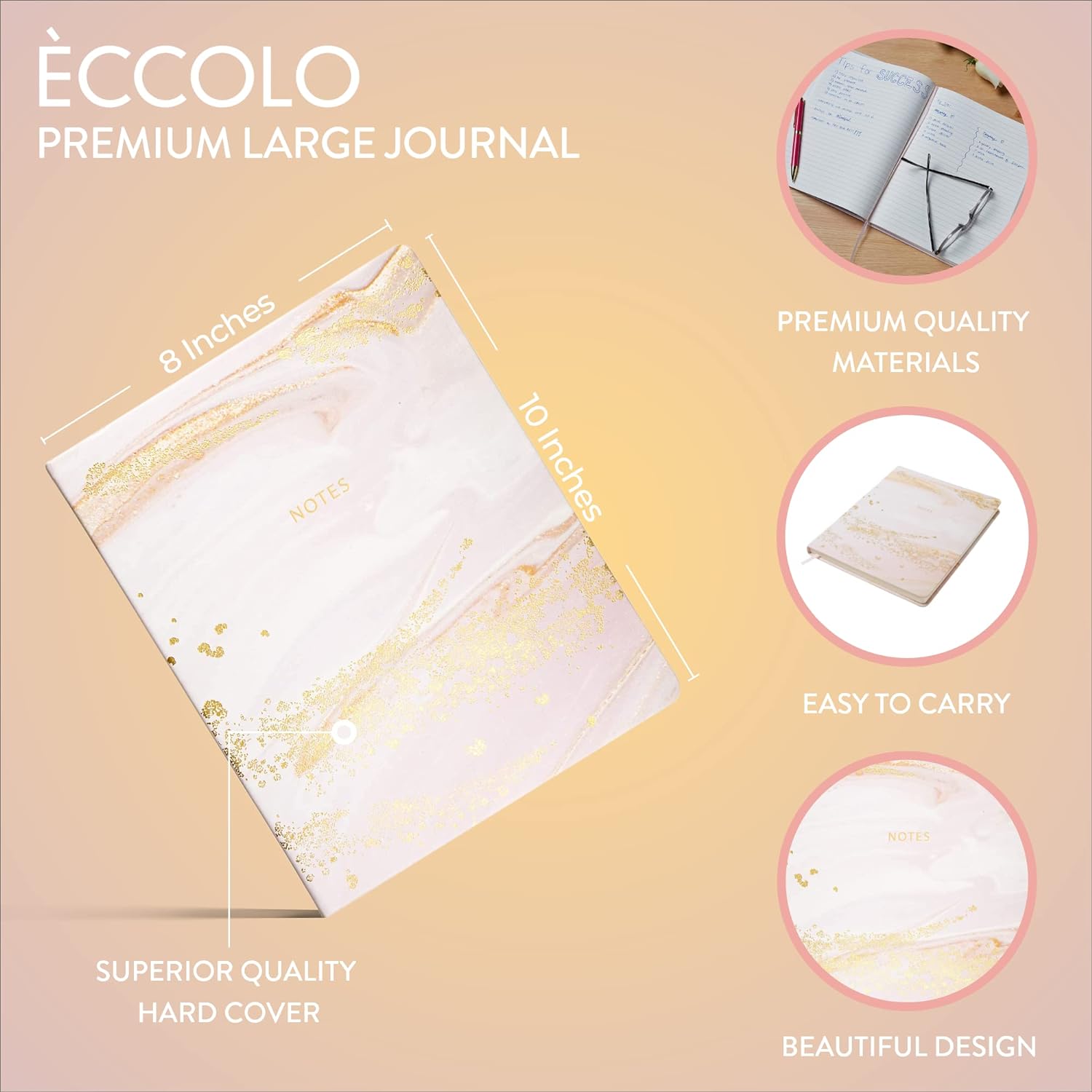 Eccolo Large Lined Journal Notebook, Hardbound Cover, Writing Journal, 256 Ruled White Pages, Ribbon Bookmark, Lay Flat, Desk Size for Work or School, Gold Foil Marble (Pink, 8x10 inches