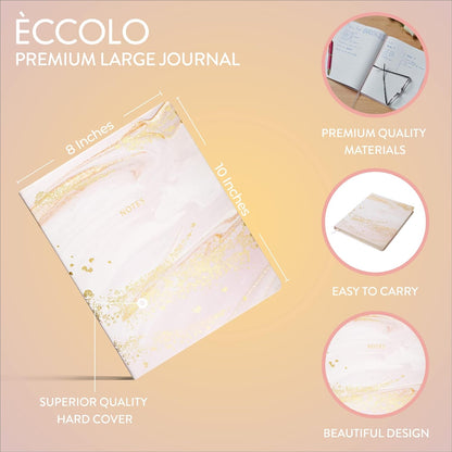 Eccolo Large Lined Journal Notebook, Hardbound Cover, Writing Journal, 256 Ruled White Pages, Ribbon Bookmark, Lay Flat, Desk Size for Work or School, Gold Foil Marble (Pink, 8x10 inches